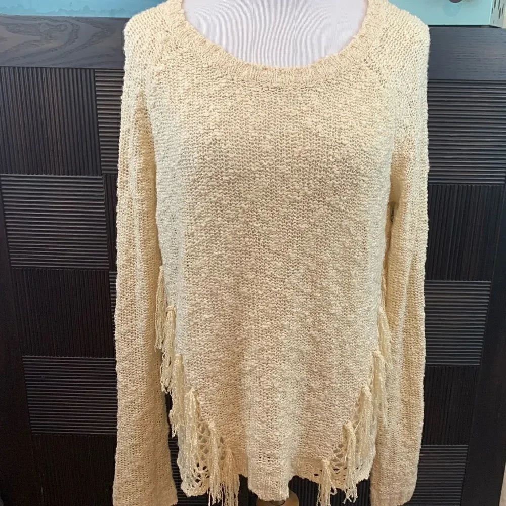 Rip Curl lightweight tan crochet & fringe sweater